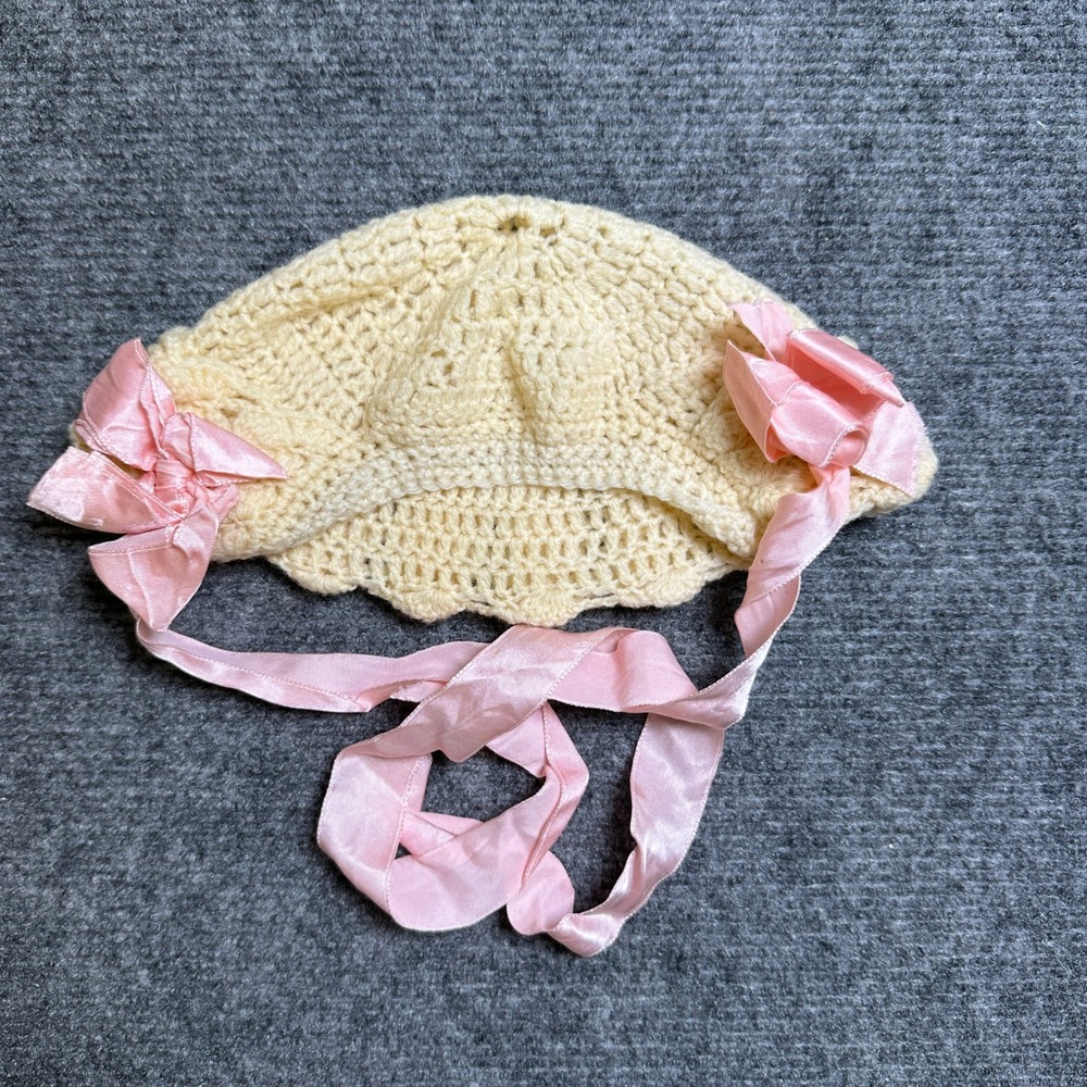 Vintage Handmade Crochet Baby Bonnet Cream Pink Satin Ribbon Bows Tie Accessory